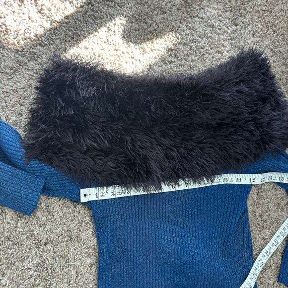 VTG Laura Michelle Holiday Shimmer Off Shoulder Top Black Faux Fur Y2K 90s S - Picture 3 of 7